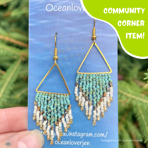 Beaded Seafoam Mini Fringe Earrings by OceanLoverJen (Indigenous Artist) - Community Corner Item!