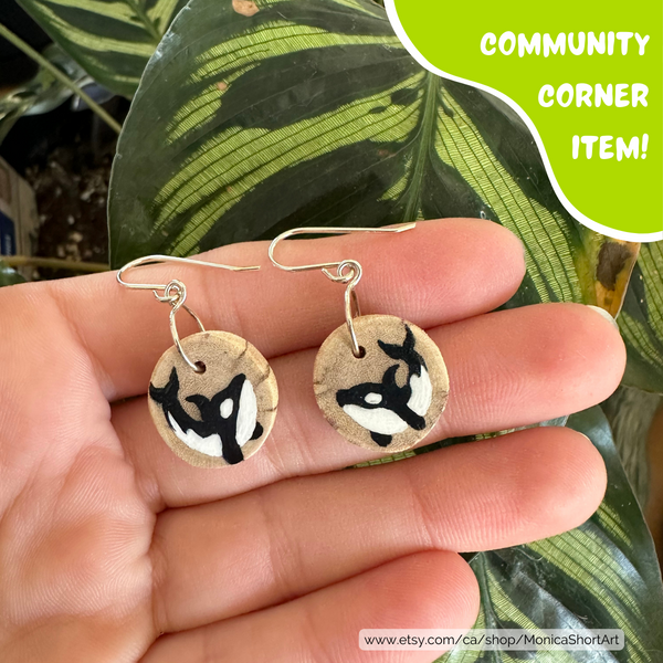 Handpainted Orca Whale Earrings by Monica Short Art (Made from Scotch Broom!) - Community Corner Item!