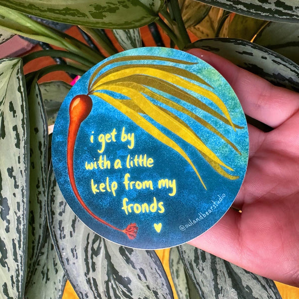 Punny Bull Kelp Sticker (Vinyl) - FREE SHIPPING - “I Get By With A Little Kelp From My Fronds”