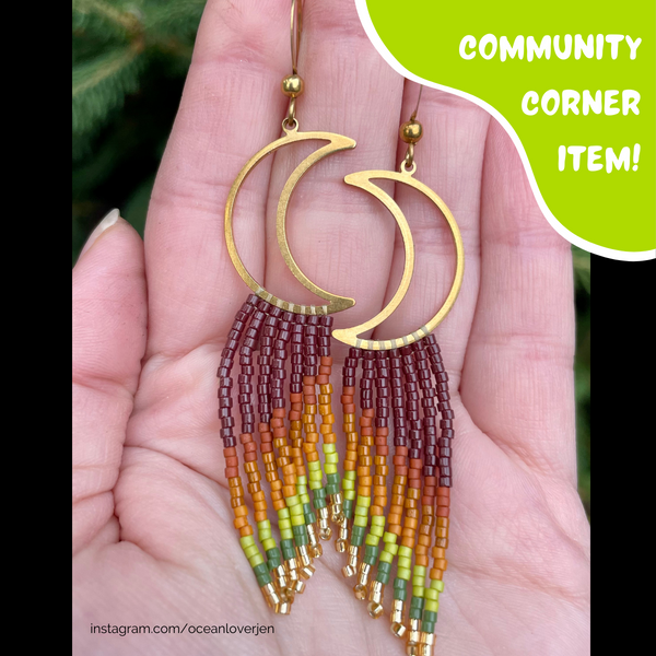 Beaded Moon Fringe Earrings by OceanLoverJen (Indigenous Artist) - Community Corner Item!