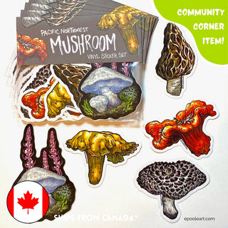 Pacific Northwest Mushrooms Sticker Set by Emily Poole (5 Stickers) - Community Corner Item! - FREE SHIPPING