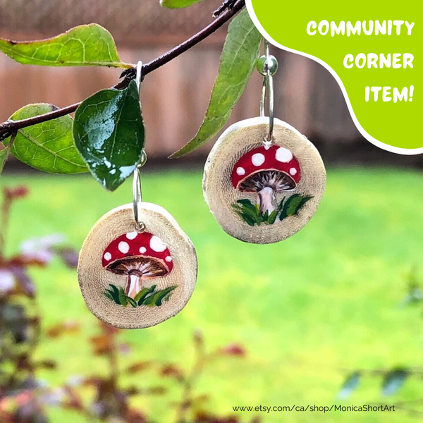 Mushroom Earrings by Monica Short Art (Made from Scotch Broom!) - Community Corner Item!