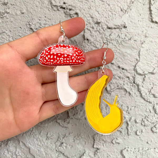 Asymmetrical Banana Slug + Mushroom Earrings (Acrylic)