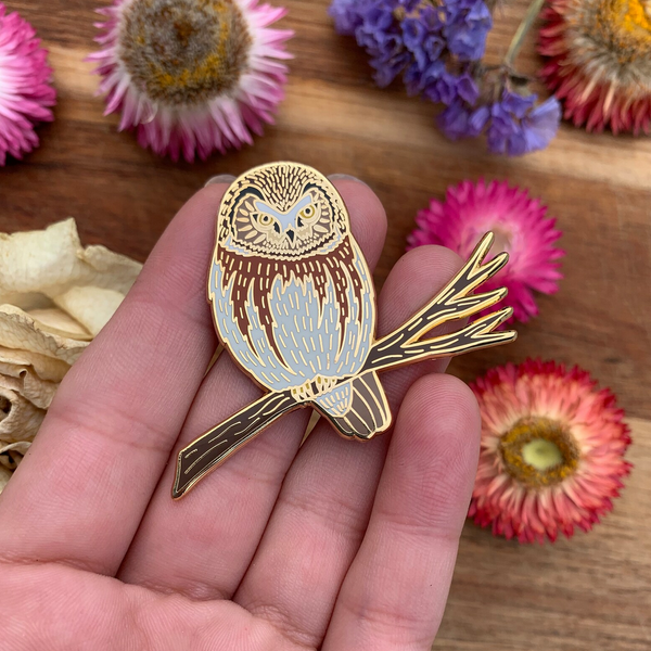 Northern Saw-Whet Owl Pin (Large!) - 25% to Charity - Collab w/ Owling Wolf