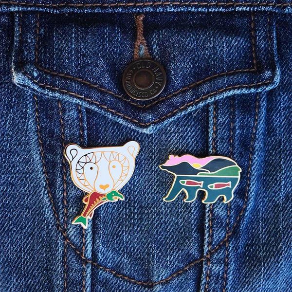 Grizzly Bear + Salmon Pin - 25% To Charity! - Sunset Landscape - (***RETIRED***)